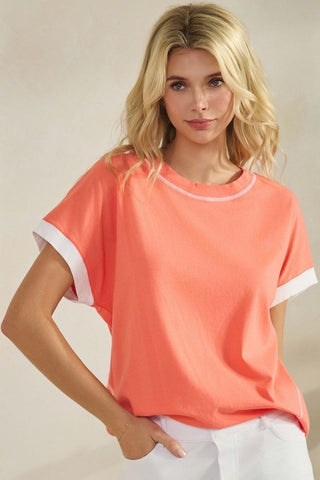 Yelete Soft Cotton Two Tone T-shirt with Contrast Seam Coral White