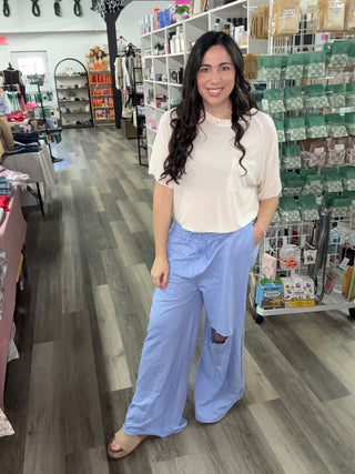 Zenana Distressed Wide Leg Sweatpants TP-5191X - Blue