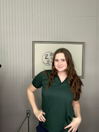 Grace + Emma V Neck Rib Knit Polo Top-Hunter Green