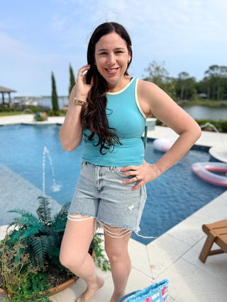 Yelete - Seamless Reversible High Neck Tank Top - Sea Foam/Ivory