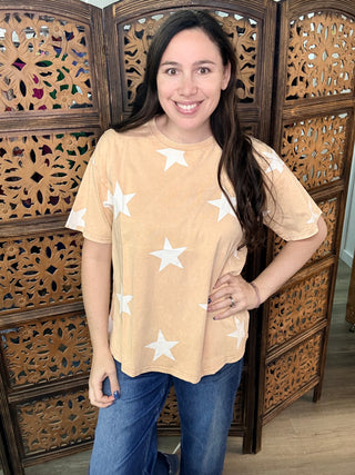 Easel - Star Printed Washed Top - Toast