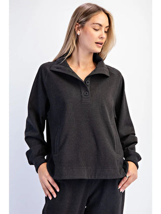 Rae Mode Oversized Button Neck Lounge Pullover Black