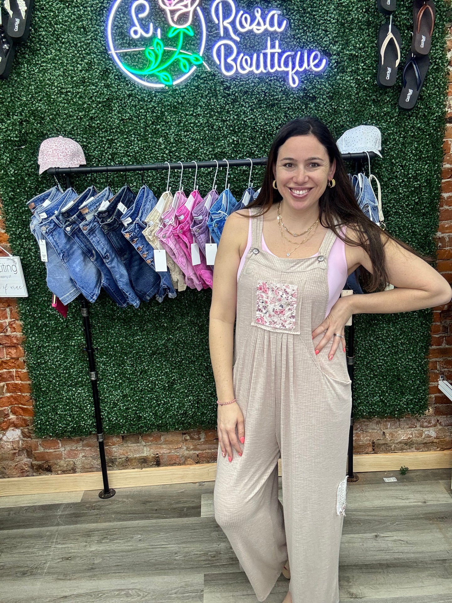 POL Overalls Jumpsuit With Floral Patchwork- Almond - SMP513