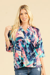 Sew In Love 3/4 Sleeve V Neck Floral Print Blouse – Bulgari No Wrinkle Fabric