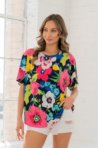 Sew In Love  Round Neck Short Sleeve - Navy/Fuchsia