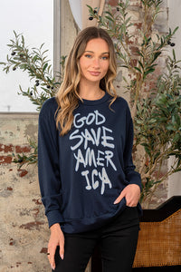 Sew In Love “God Save America” Graphic Pullover Top – French Terry