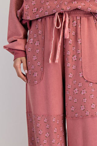 Easel Flower Printed Terry Washed Pants