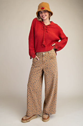 Easel Laced Up Front Sweater Boho Red