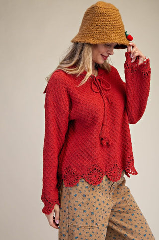 Easel Laced Up Front Sweater Boho Red