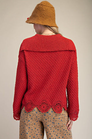 Easel Laced Up Front Sweater Boho Red
