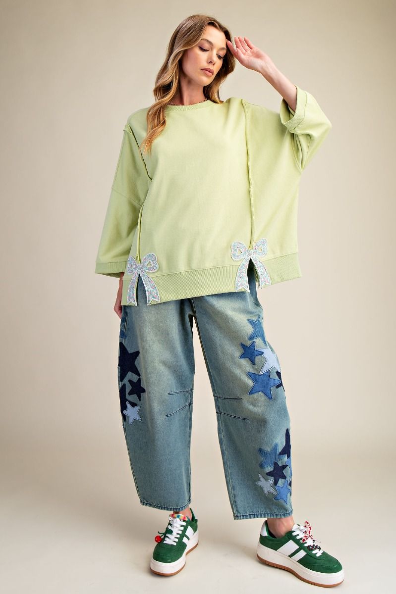 Easel Bow Patch Washed Terry Pullover – Cotton Blend Knit