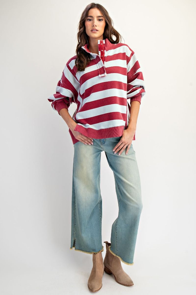 Easel Rugby Stripe Washed Terry Pullover