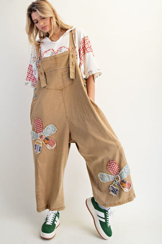 Easel Flower Patch Washed Denim Overalls