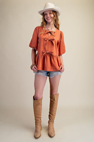 Easel Bow Front Denim Peplum Top