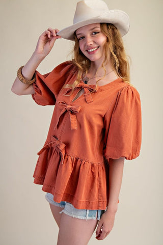 Easel Bow Front Denim Peplum Top