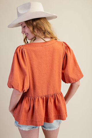 Easel Bow Front Denim Peplum Top