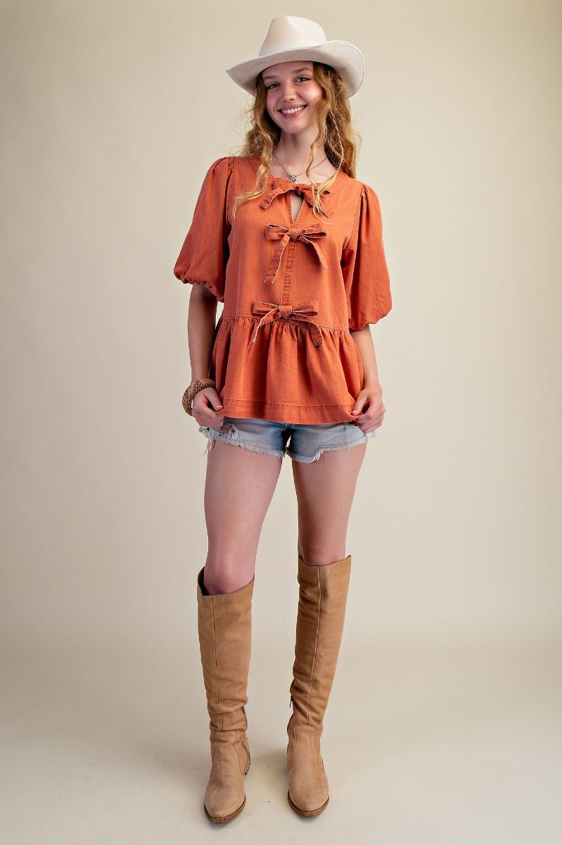 Easel Bow Front Denim Peplum Top