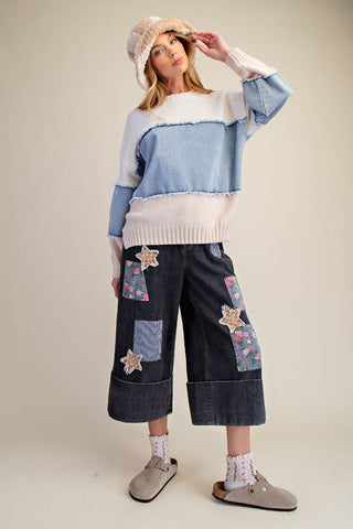 Easel Color Block Denim Mix Sweater Pullover