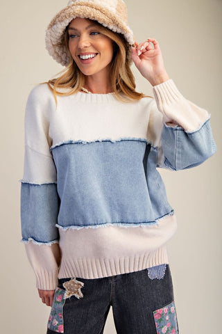 Easel Color Block Denim Mix Sweater Pullover