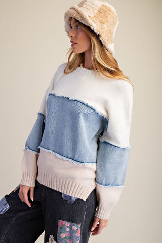 Easel Color Block Denim Mix Sweater Pullover