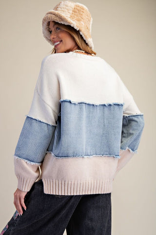 Easel Color Block Denim Mix Sweater Pullover