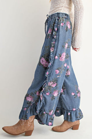 Easel Floral Printed Chambray Loose Fit Pants – Washed Denim