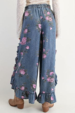 Easel Floral Printed Chambray Loose Fit Pants – Washed Denim