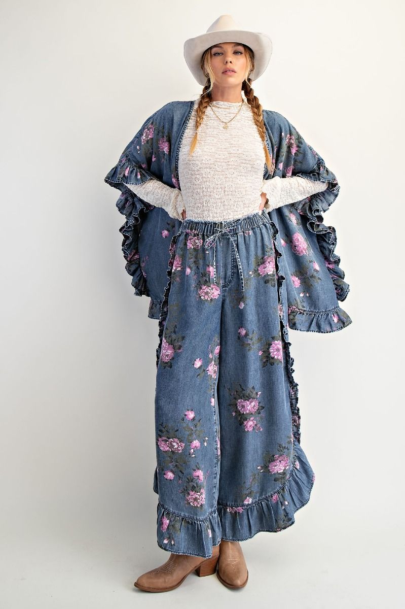 Easel Floral Printed Chambray Loose Fit Pants – 100% Tencel