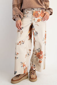 Easel Flower Print Stretch Washed Twill Pants