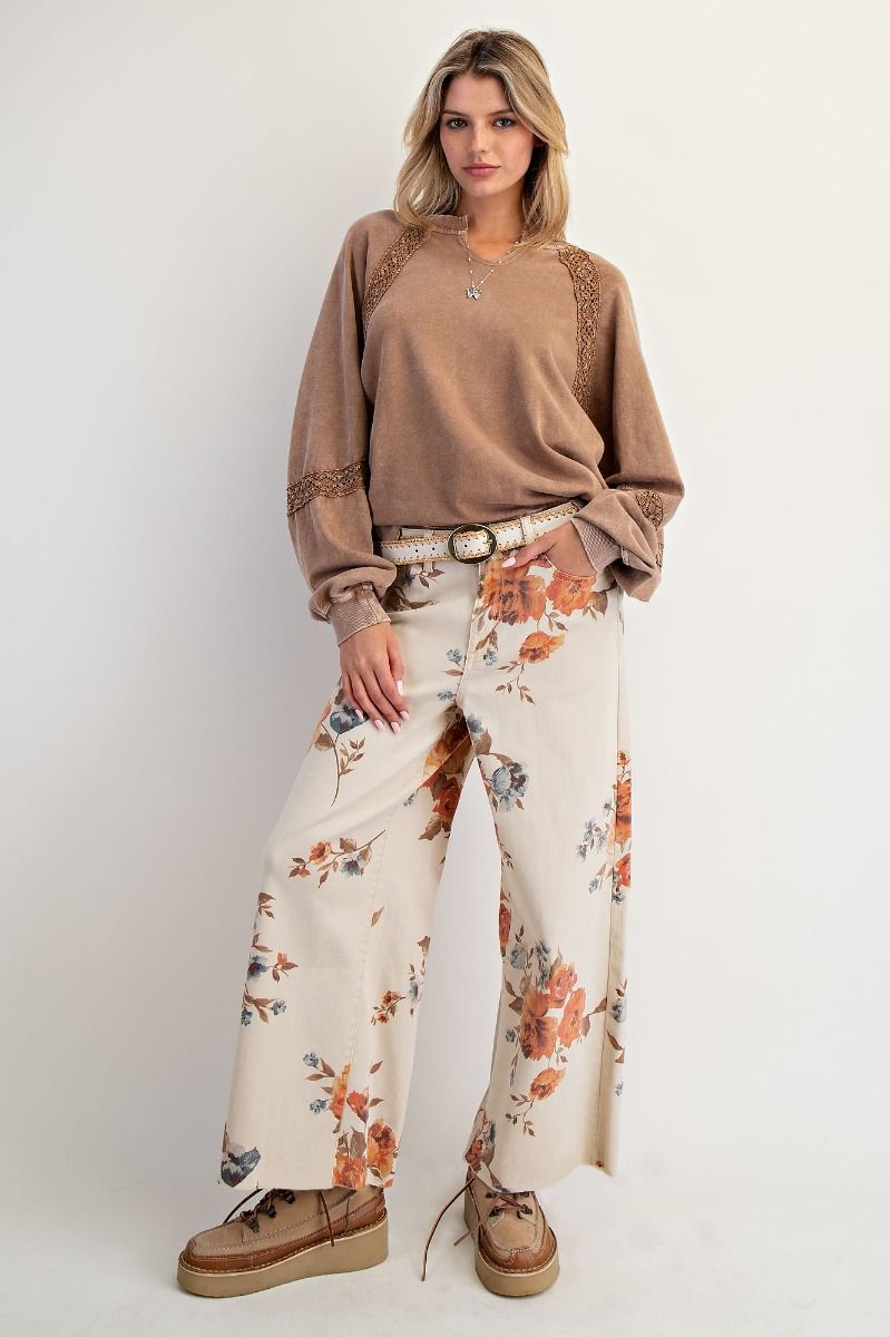Easel Flower Print Stretch Washed Twill Pants
