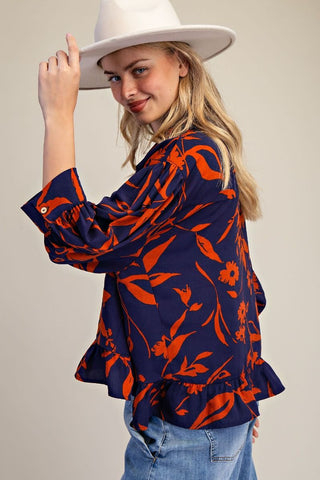 Easel Printed Rayon Challis Ruffle Bottom Blouse