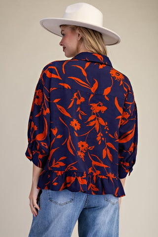 Easel Printed Rayon Challis Ruffle Bottom Blouse