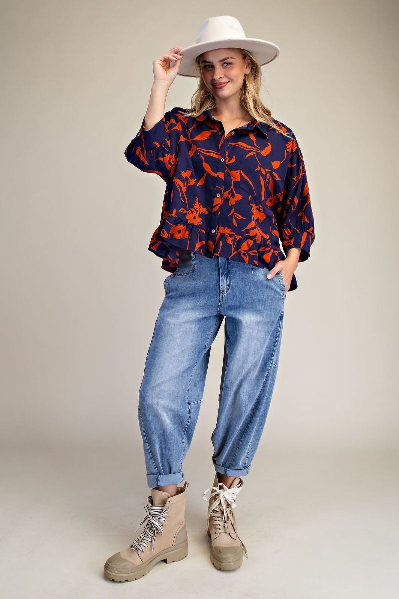 Easel Printed Rayon Challis Ruffle Bottom Blouse