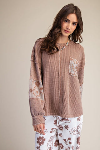 Easel Lace Mix Washed Thermal Knit Pullover