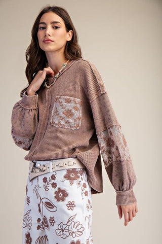 Easel Lace Mix Washed Thermal Knit Pullover