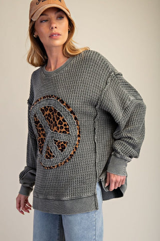 Easel Peace Patch Washed Thermal Pullover – Cotton Blend Knit