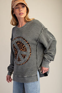 Easel Peace Patch Washed Thermal Pullover – Cotton Blend Knit
