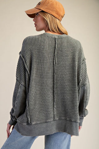 Easel Peace Patch Washed Thermal Pullover – Cotton Blend Knit