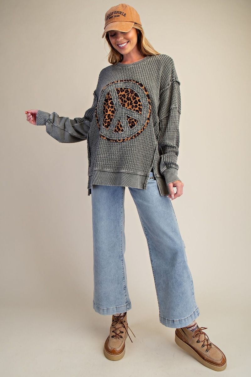 Easel Peace Patch Washed Thermal Pullover – Cotton Blend Knit