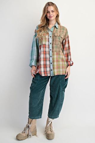 Easel Plaid Button Down Washed Shirt Shacket