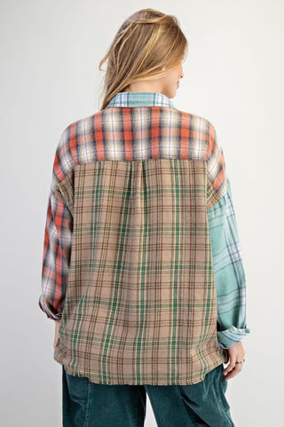 Easel Plaid Button Down Washed Shirt Shacket