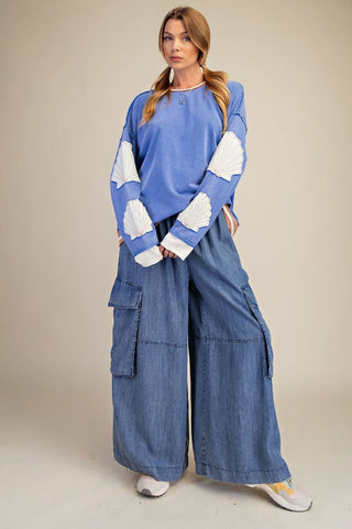 Easel Shell Patches Washed Terry Pullover - Day Blue