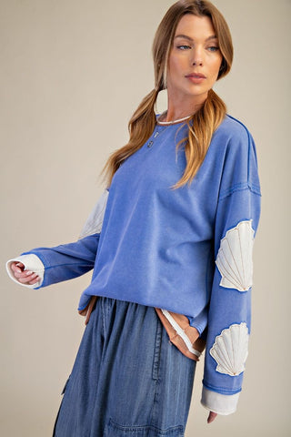 Easel Shell Patches Washed Terry Pullover - Day Blue