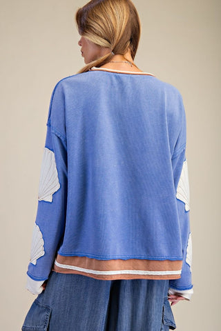 Easel Shell Patches Washed Terry Pullover - Day Blue