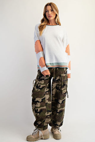 Easel Shell Patches Washed Terry Pullover - Light Heather Grey