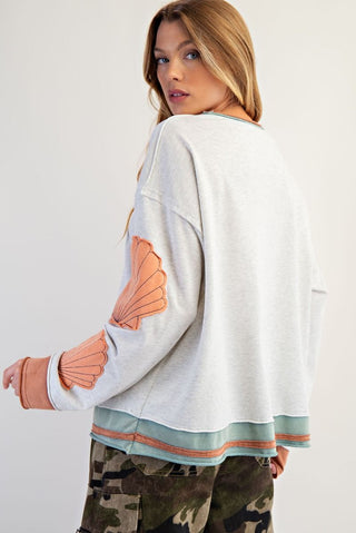 Easel Shell Patches Washed Terry Pullover - Light Heather Grey