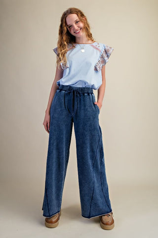 Easel Washed Terry Wide Leg Pants - Washed Denim