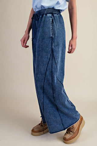 Easel Washed Terry Wide Leg Pants - Washed Denim