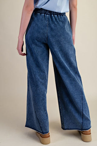 Easel Washed Terry Wide Leg Pants - Washed Denim
