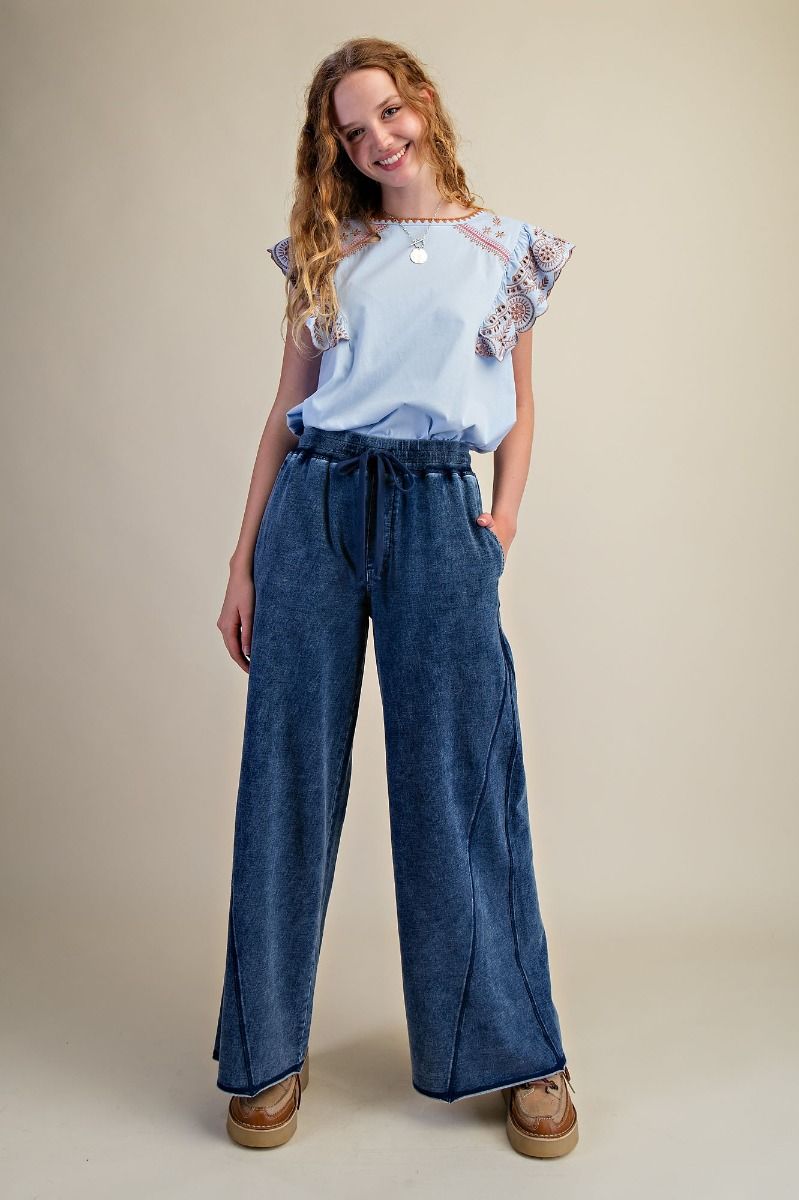 Easel Washed Terry Wide Leg Pants – Cotton Spandex Knit